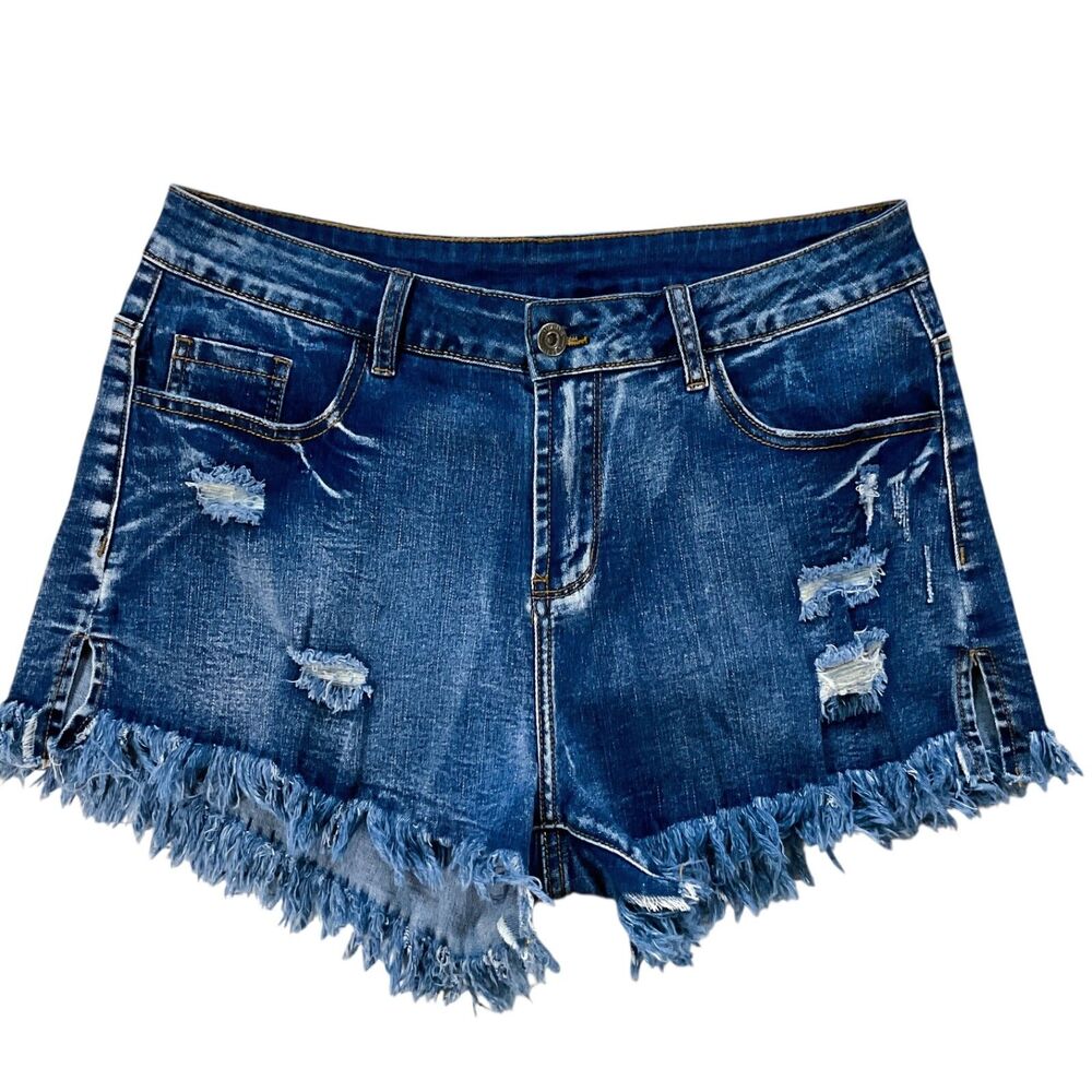 Shein Womens Jeans Shorts size Large Junior Medium Wash Fray Hem Cotton Stretch